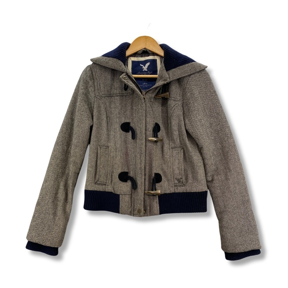 American Eagle Women's Wool Blend Jacket Gray Herringbone Coat Size Medium GUC